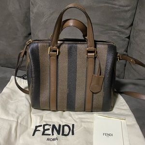 👝FENDI Brown Pequin Striped Canvas Boston Bag ❤️